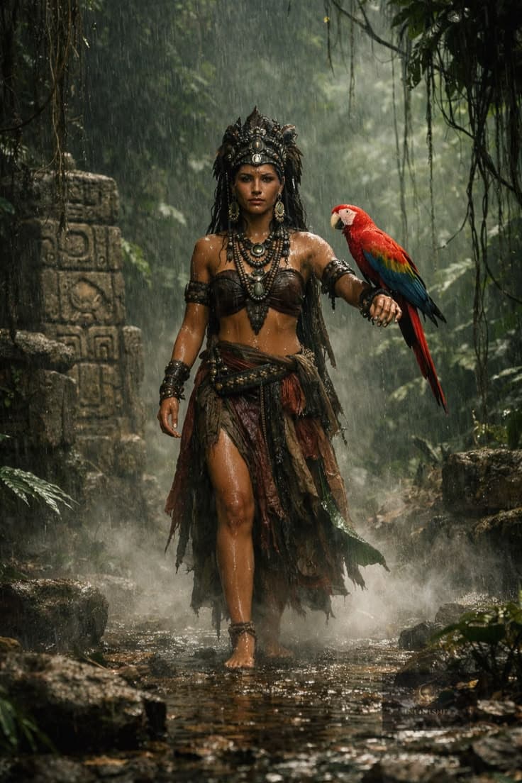 Guardiã da mata com uma arara